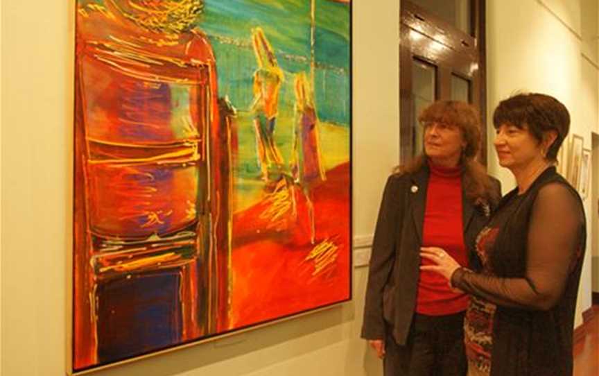 Artist Alba Cinquini and her artwork, with Councillor Gregorini