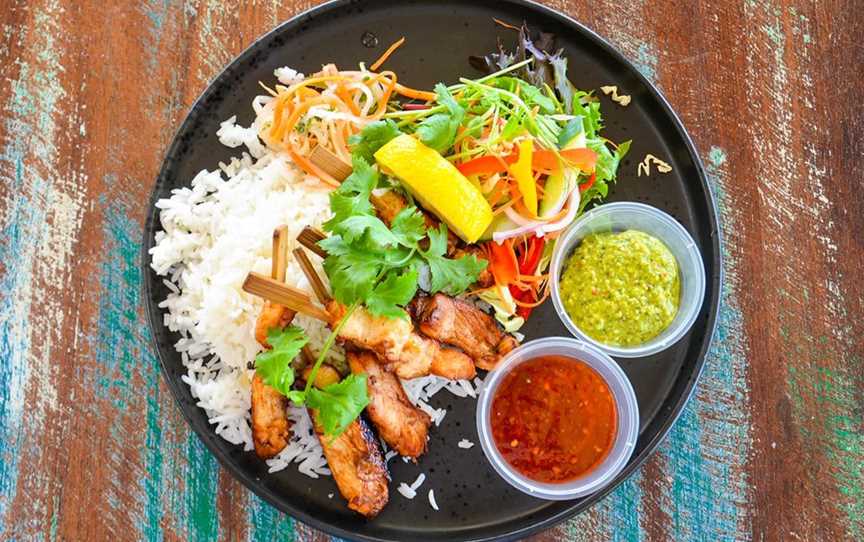 Lemongrass, ginger chicken skewers with fresh salad, steamed rice & Asian pickles