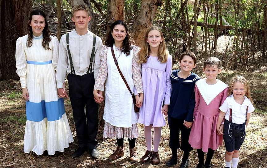 Ciara Malone, left, Boh Dobson, Escher Roe, Alice Kosovich, Daniel Keenan, Jessica Keenan and Mila Rose Campbell are the seven children in Seven Little Australians.
