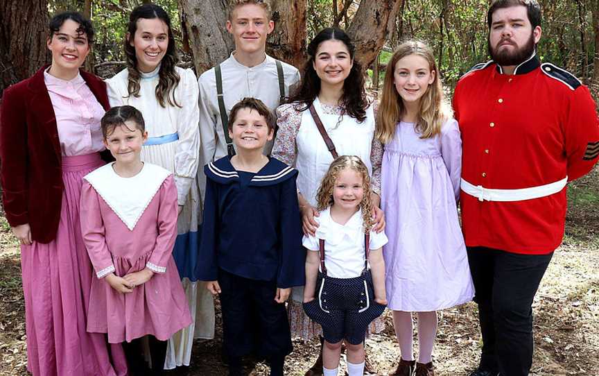 It’s a family affair for Isabella Borgault du Coudray, far left, and Mathew Leak, far right, in Seven Little Australians with Jessica Keenan, Ciara Malone, Boh Dobson, Daniel Keenan, Escher Roe, Mila Rose Campbell and Alice Kosovich.