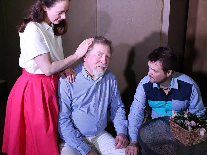 The Nightwatchman features Alan Kennedy, centre, as blind father William whose children Helen (Andrea O’Donnell) and Michael (Garry Davies) are moving him into an aged care facility.