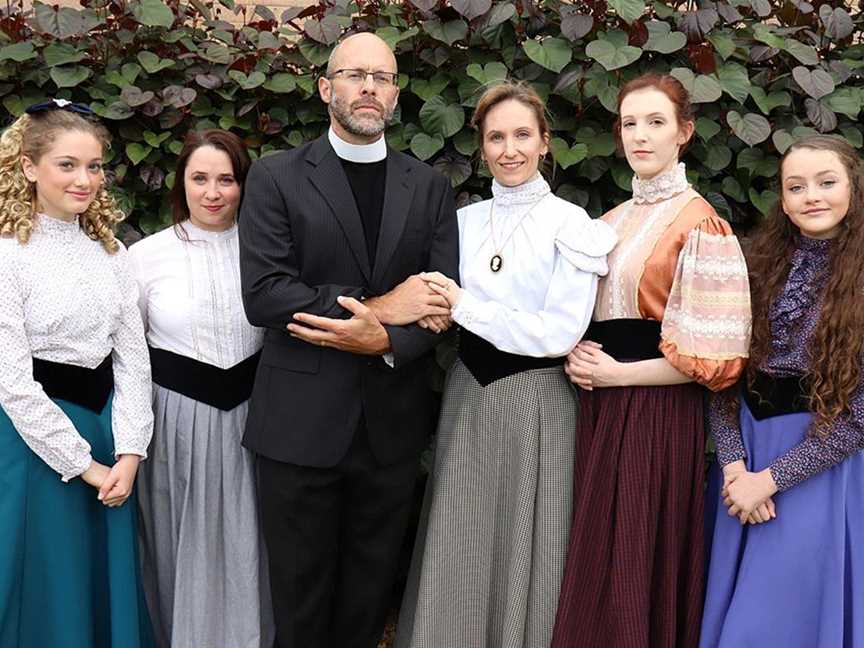 Mr March (Justin Markham, third from left) and Marmee (Jenny Smith) with their daughters Amy (Evie Madeleine), Jo (Steph Hickey), Meg (Annabelle Eirth) and Beth (Bella Freeman).