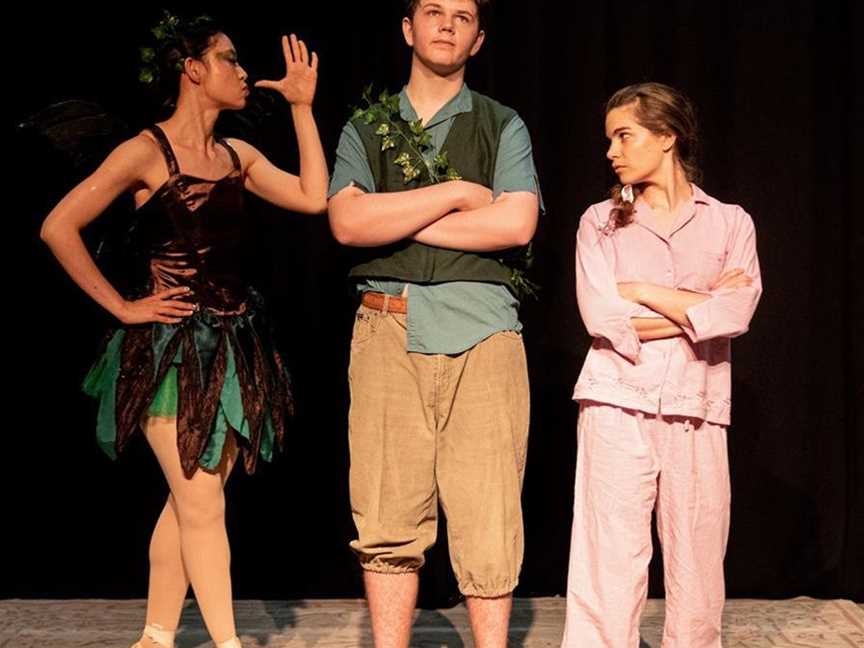 Peter Pan features Grace Chen, left, as Tinkerbell, Jacob Miles as Peter and Kaitlin Okely as Wendy. Picture: Daniel Ade