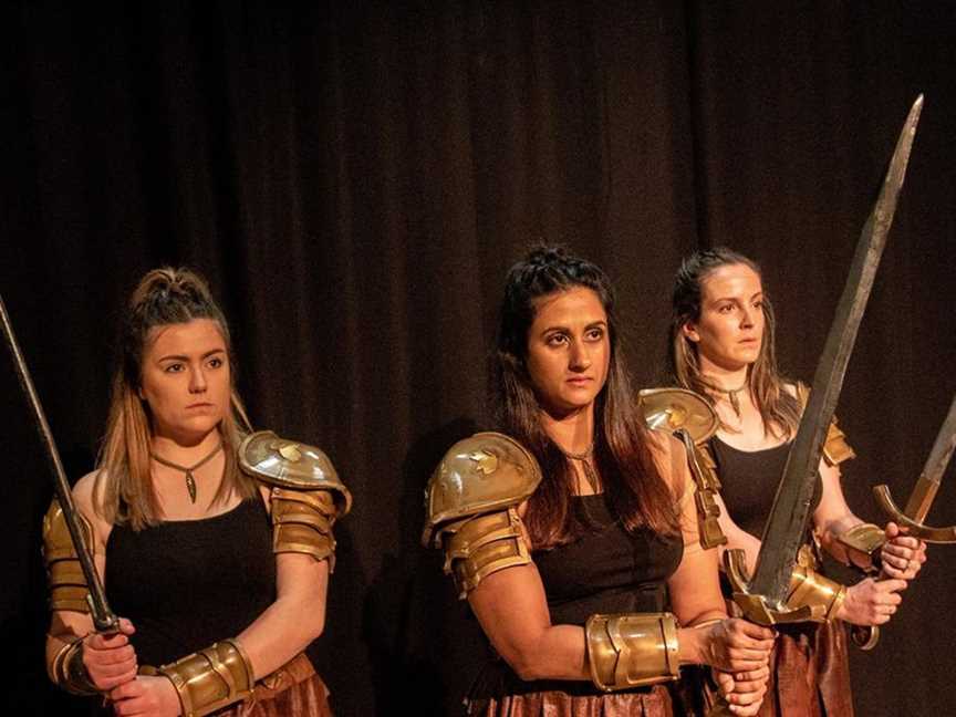 The Amazon warriors (Mary Del Casale, Sarah Thillagaratnam, Federica Longo) are a new feature in Limelight Theatre’s adaptation of Peter Pan. Picture: Daniel Ade