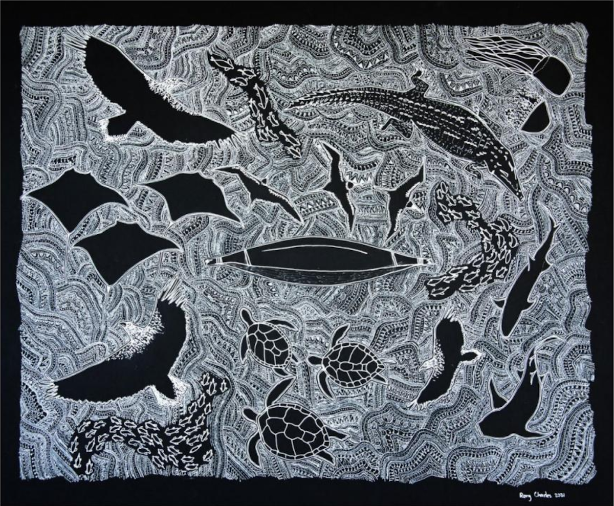 Rory Charles' Work 'Saltwater Kalumburu' which features sea creatures like turtles, stingrays, jellyfish and whalesharks, with a boat in the middle of the entire artwork.
